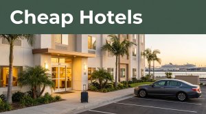 Affordable hotel exterior with a car, suitcase, harbor, and cruise ship at sunset.