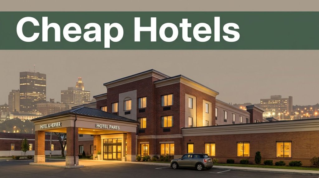 Downtown Springfield hotel with evening lights, skyline, parked car, and a green Cheap Hotels banner.