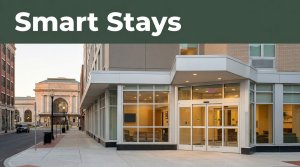 A budget hotel entrance at sunset with Union Station behind it and a green Smart Stays banner.