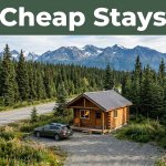 A cabin, car, spruce forest, and mountains beneath a Cheap Stays banner.