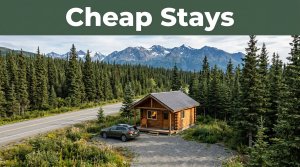 A cabin, car, spruce forest, and mountains beneath a Cheap Stays banner.