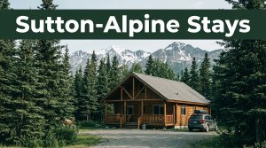 A rustic cabin lodge and SUV sit beside an Alaska highway beneath snowy mountains.