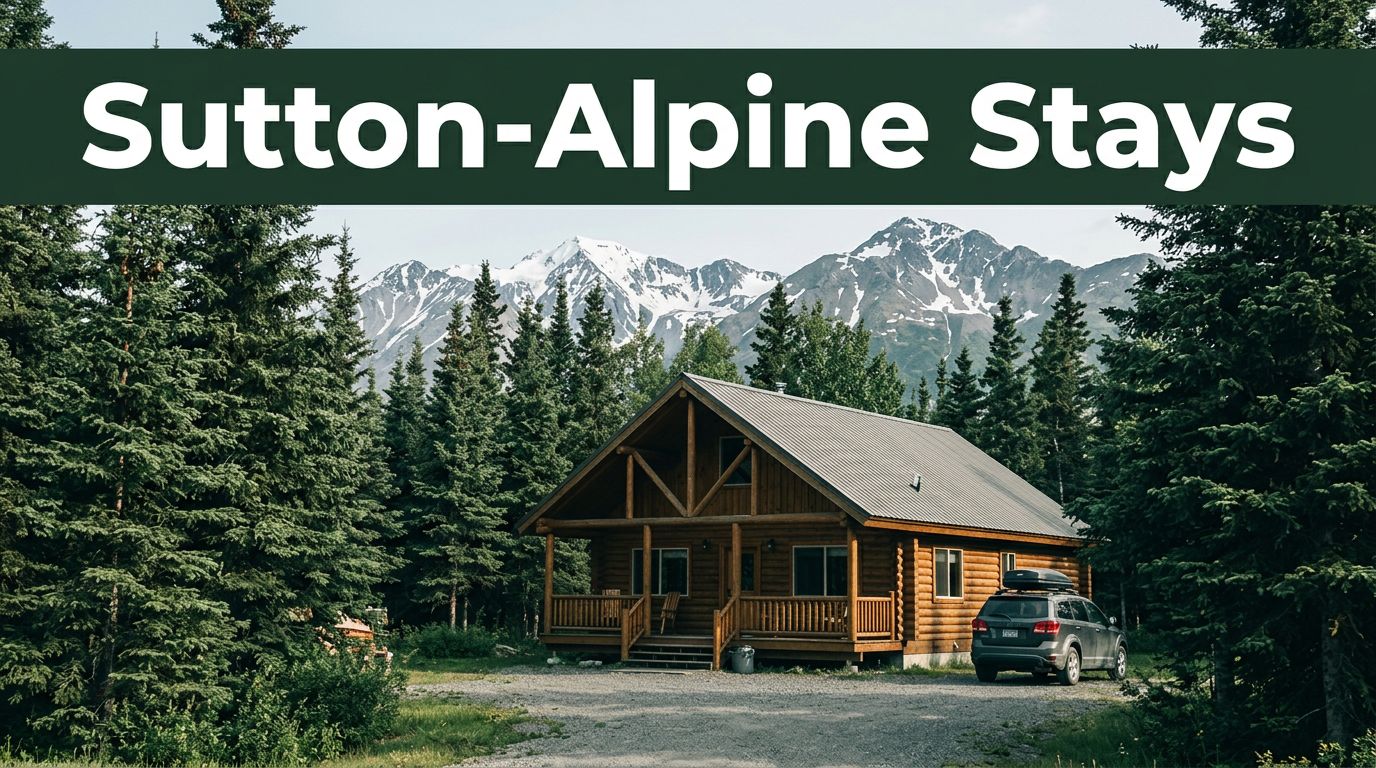 A rustic cabin lodge and SUV sit beside an Alaska highway beneath snowy mountains.