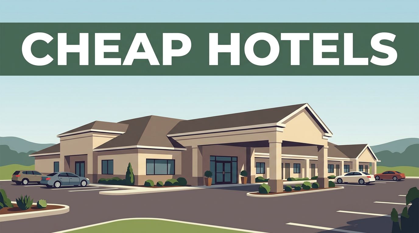 Affordable roadside hotel near Alexander City with landscaped parking and distant foothills.