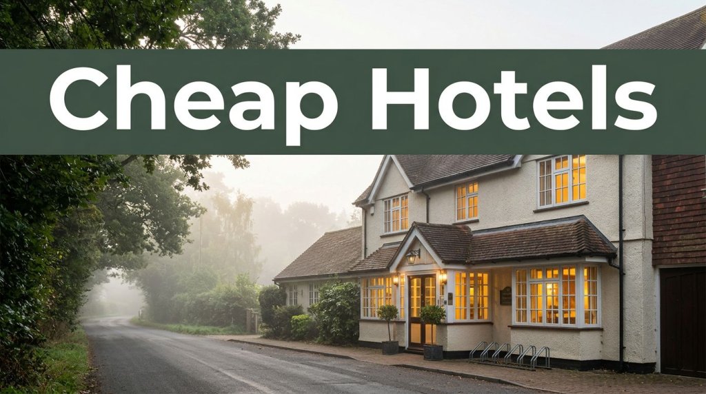 A country hotel beside a leafy lane with glowing windows and misty woodland behind it.