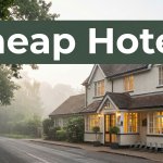 A country hotel beside a leafy lane with glowing windows and misty woodland behind it.