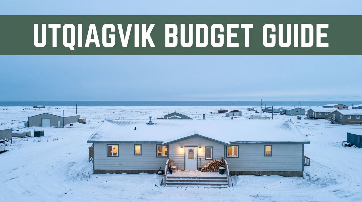 A small lit hotel surrounded by snowy tundra near the Arctic sea.