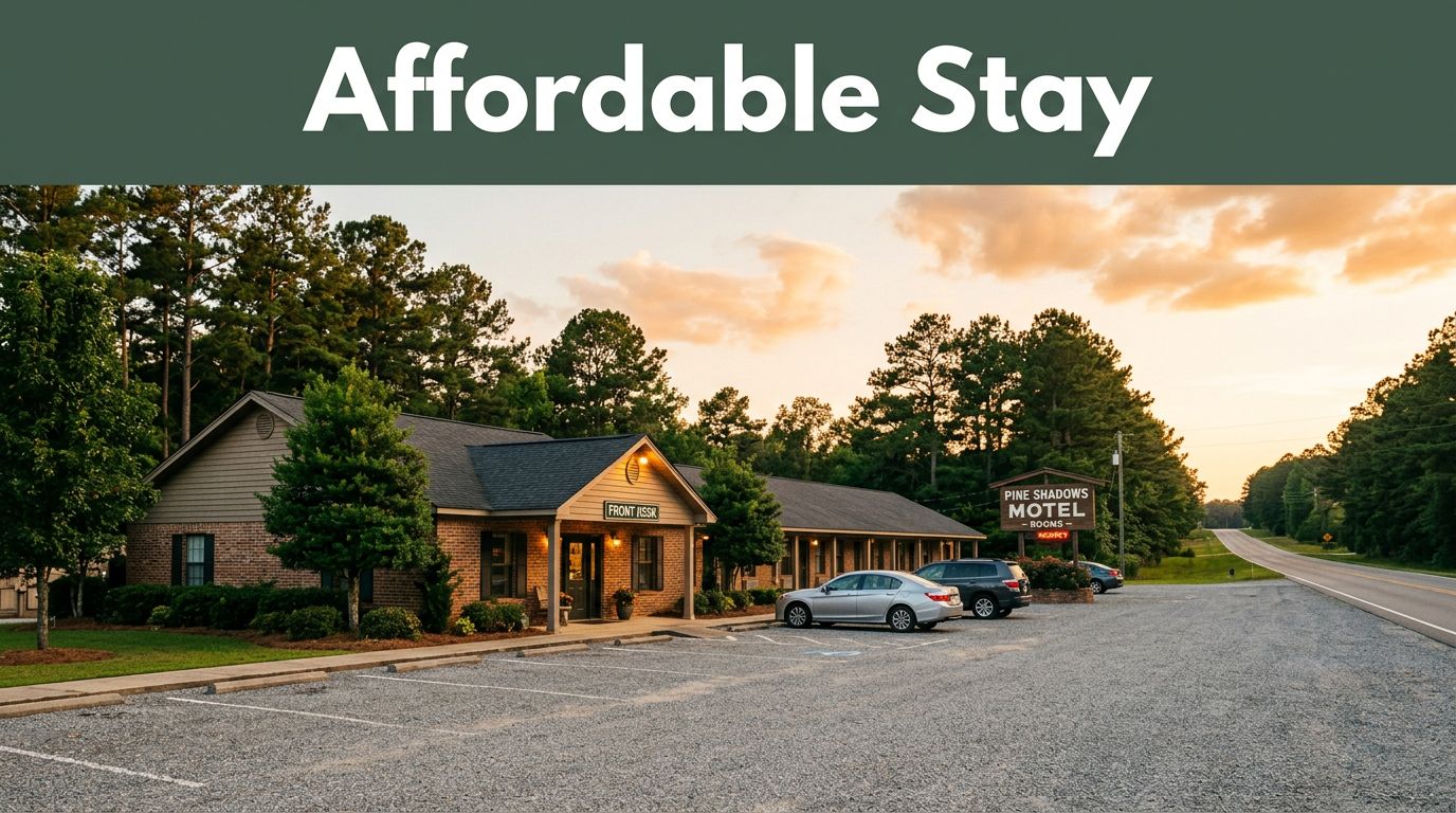A roadside motel with parked cars, pine trees, and a highway in Alabama.