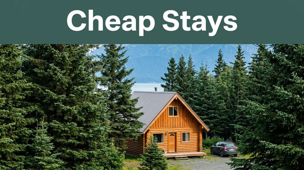 Rustic cabin among spruce trees with mountains, a rental car, and a Cheap Stays banner.