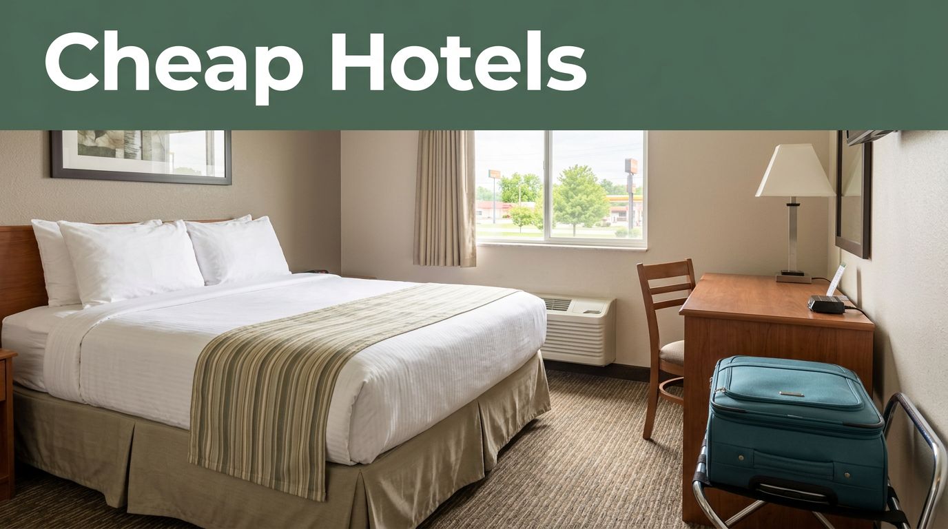 A tidy hotel room with a made bed, small desk, suitcase, and window view.