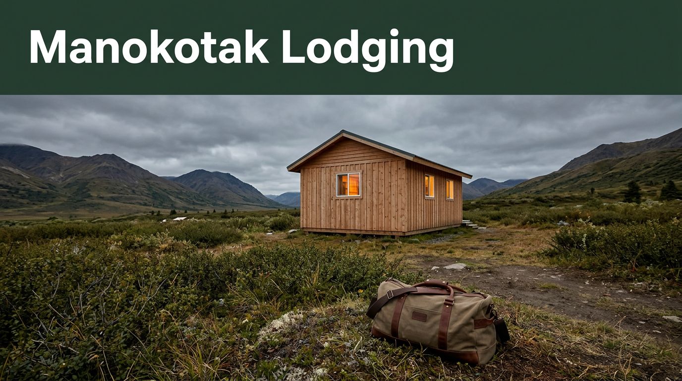 A warm-lit cabin with a duffel bag, tundra, mountains, and an overcast sky.