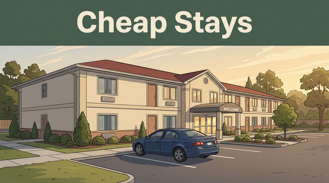 A budget roadside hotel with one parked car at sunset.