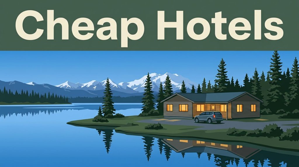 A lakeside lodge with warm windows, a rental car, spruce trees, and snowy mountains.