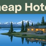 A lakeside lodge with warm windows, a rental car, spruce trees, and snowy mountains.