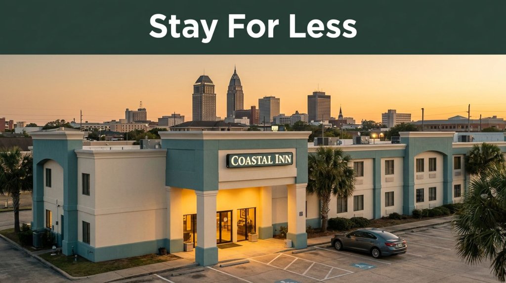 Affordable hotel exterior in Mobile, Alabama at sunset with a car and palm trees.