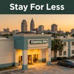 Affordable hotel exterior in Mobile, Alabama at sunset with a car and palm trees.