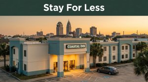 Affordable hotel exterior in Mobile, Alabama at sunset with a car and palm trees.