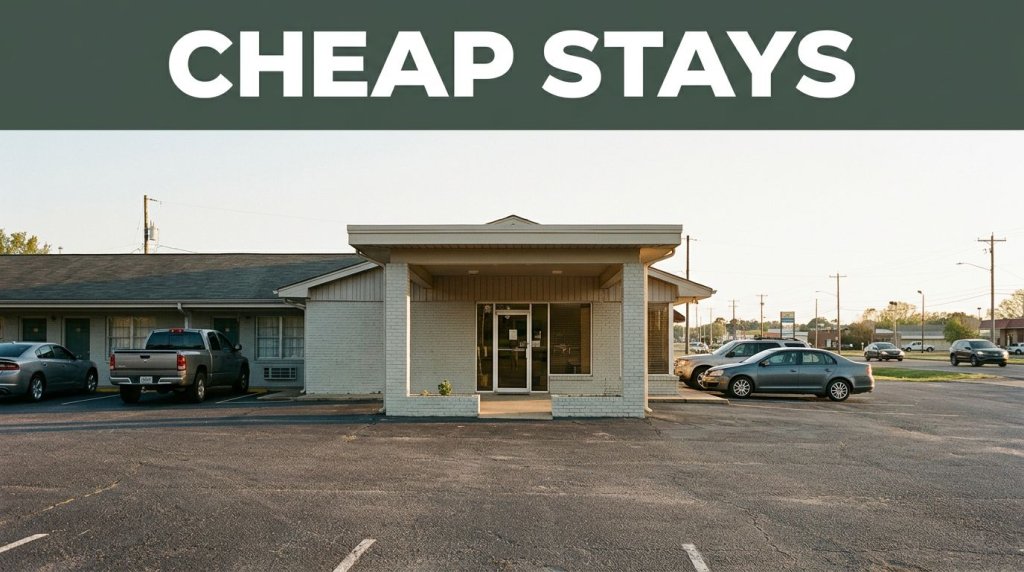 A modest Monroeville motel with parked cars and a green Cheap Stays banner.