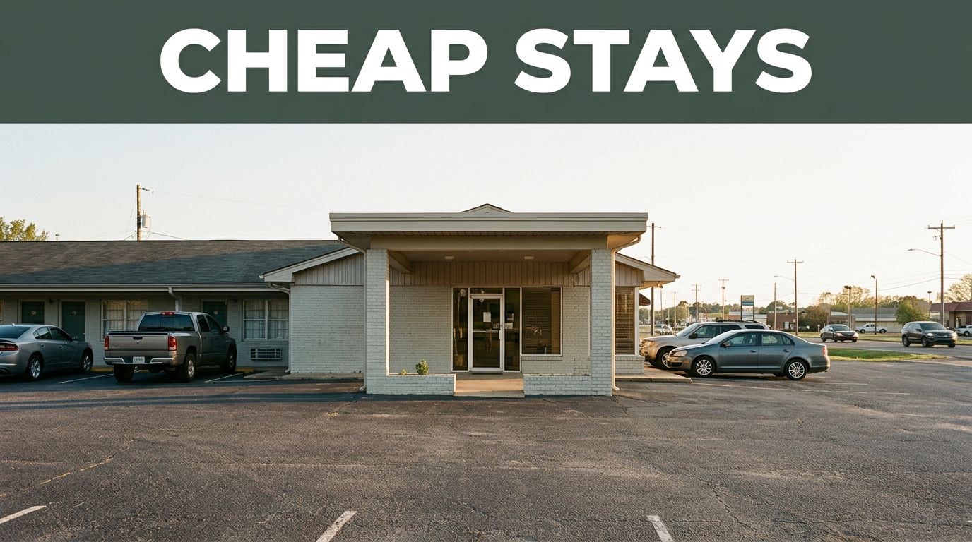 A modest Monroeville motel with parked cars and a green Cheap Stays banner.