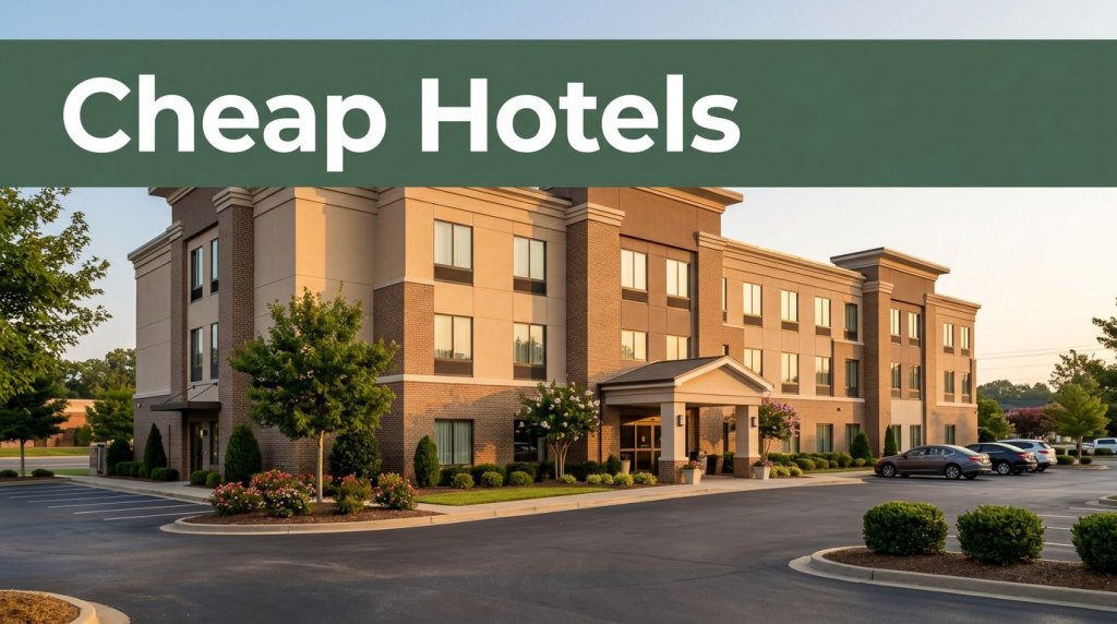 Affordable hotel exterior in Montgomery with parking and a dark-green headline banner.