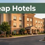 Affordable hotel exterior in Montgomery with parking and a dark-green headline banner.