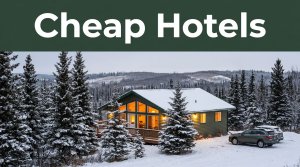 A warmly lit guesthouse among snowy spruce trees with a parked car in Fairbanks.