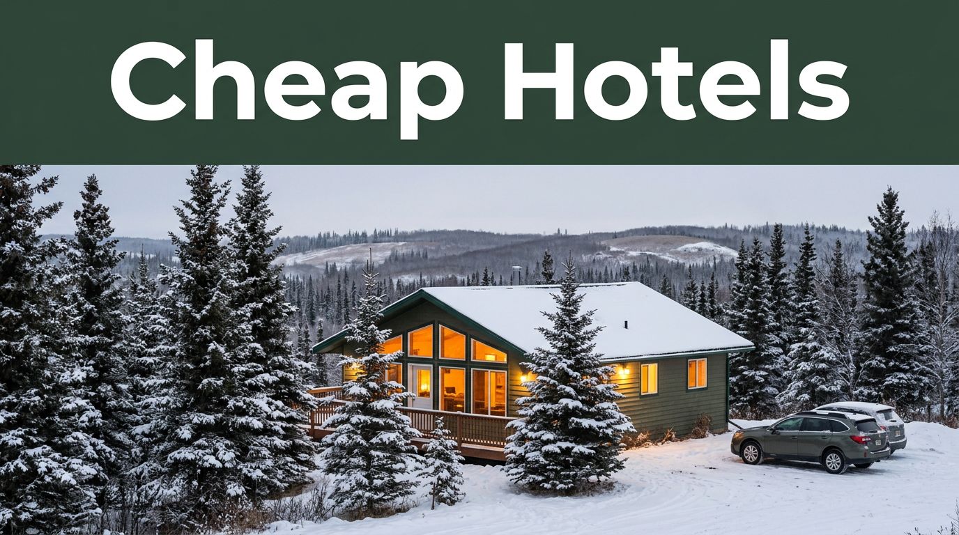 A warmly lit guesthouse among snowy spruce trees with a parked car in Fairbanks.