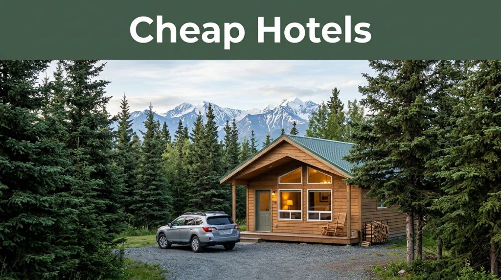 A warm guesthouse beside a rental car with Alaska mountains in the background.