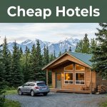 A warm guesthouse beside a rental car with Alaska mountains in the background.