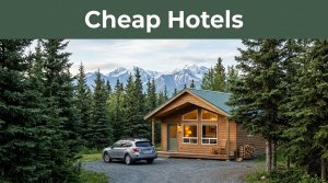 A warm guesthouse beside a rental car with Alaska mountains in the background.