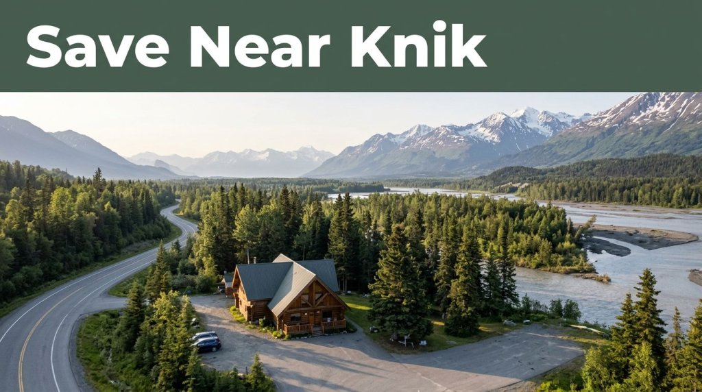 A rustic lodge beside the Knik River with mountains and a green “Save Near Knik” banner.