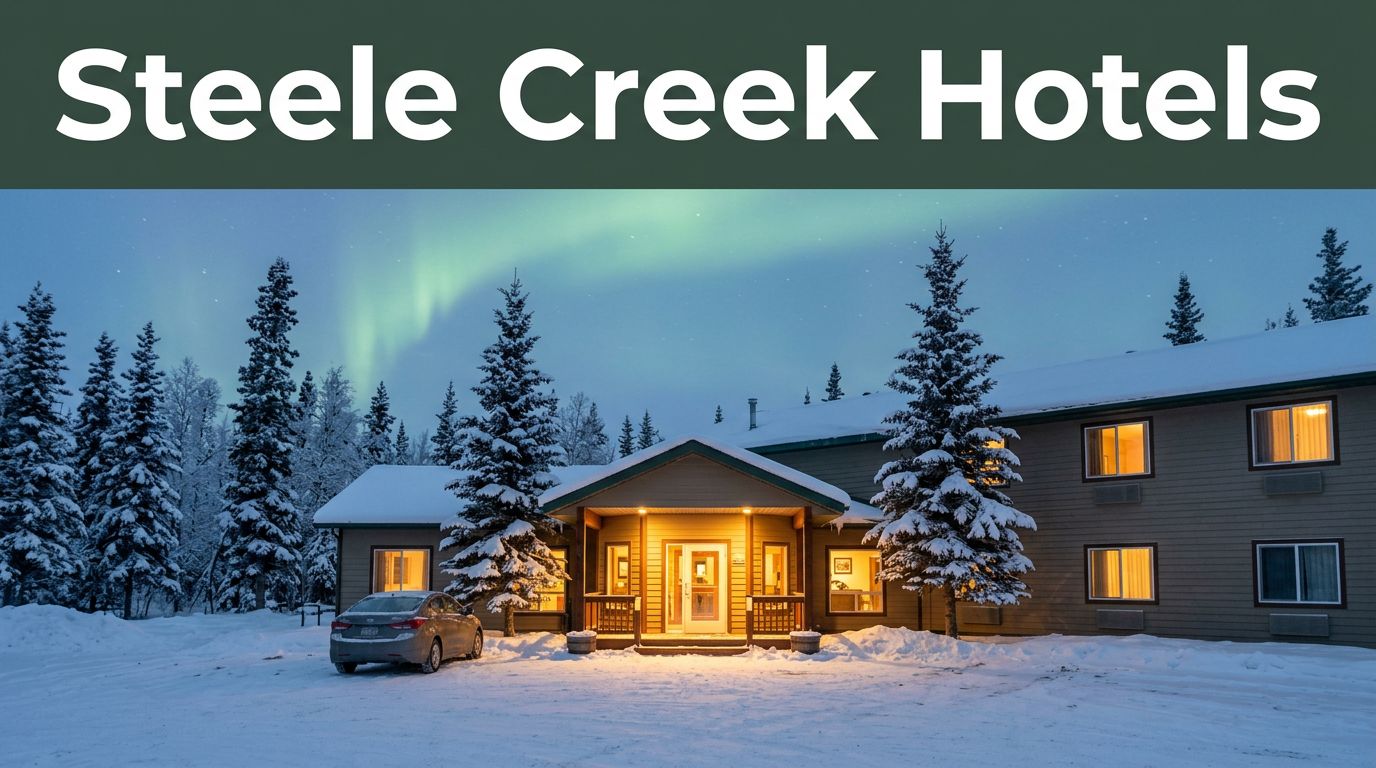 Snowy roadside hotel entrance with warm windows, a parked car, spruce trees, and faint northern lights.
