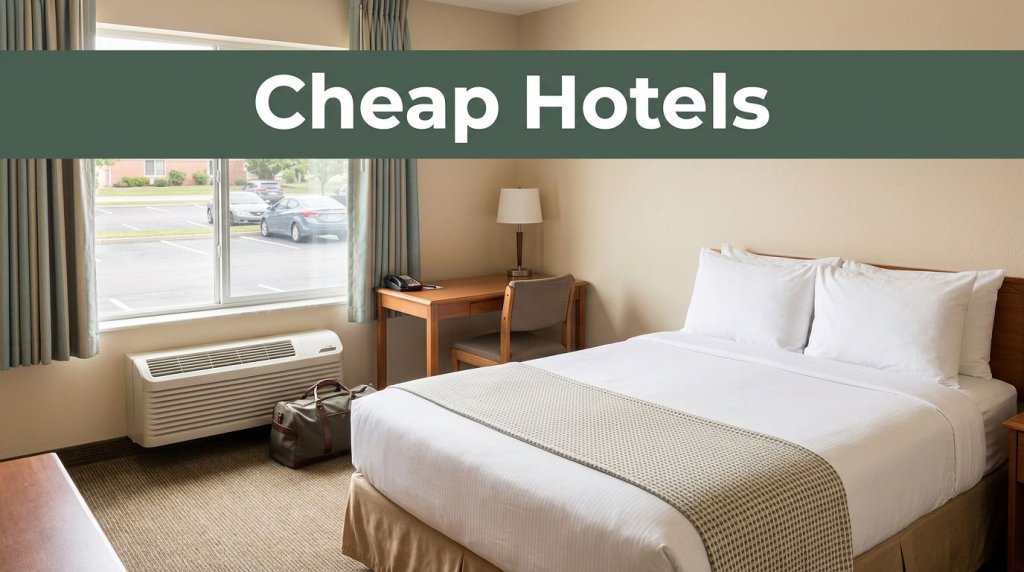 Budget hotel room with a made bed, small desk, travel bag, and parking lot outside.