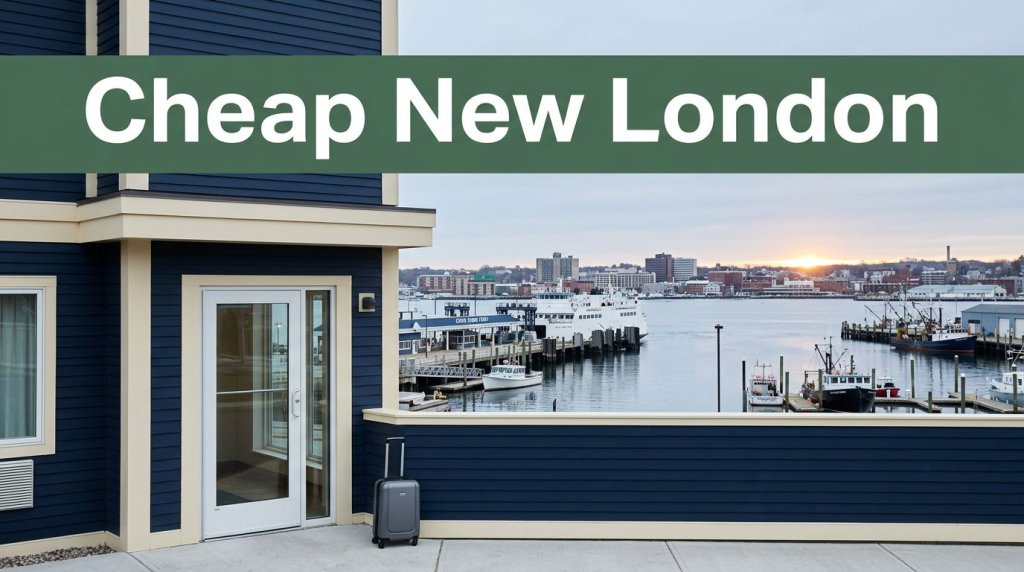 Budget hotel entrance with a suitcase and New London harbor in the background.