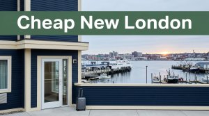 Budget hotel entrance with a suitcase and New London harbor in the background.