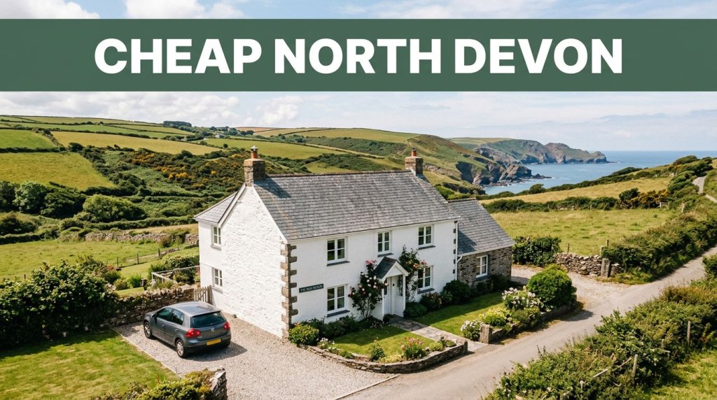 A welcoming guesthouse and car sit beneath green hills near the North Devon coast.