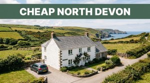 A welcoming guesthouse and car sit beneath green hills near the North Devon coast.