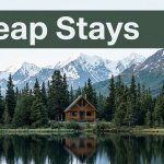 A roadside cabin beside an Alaskan lake, evergreen trees, snowy mountains, and a green “Cheap Stays” banner.