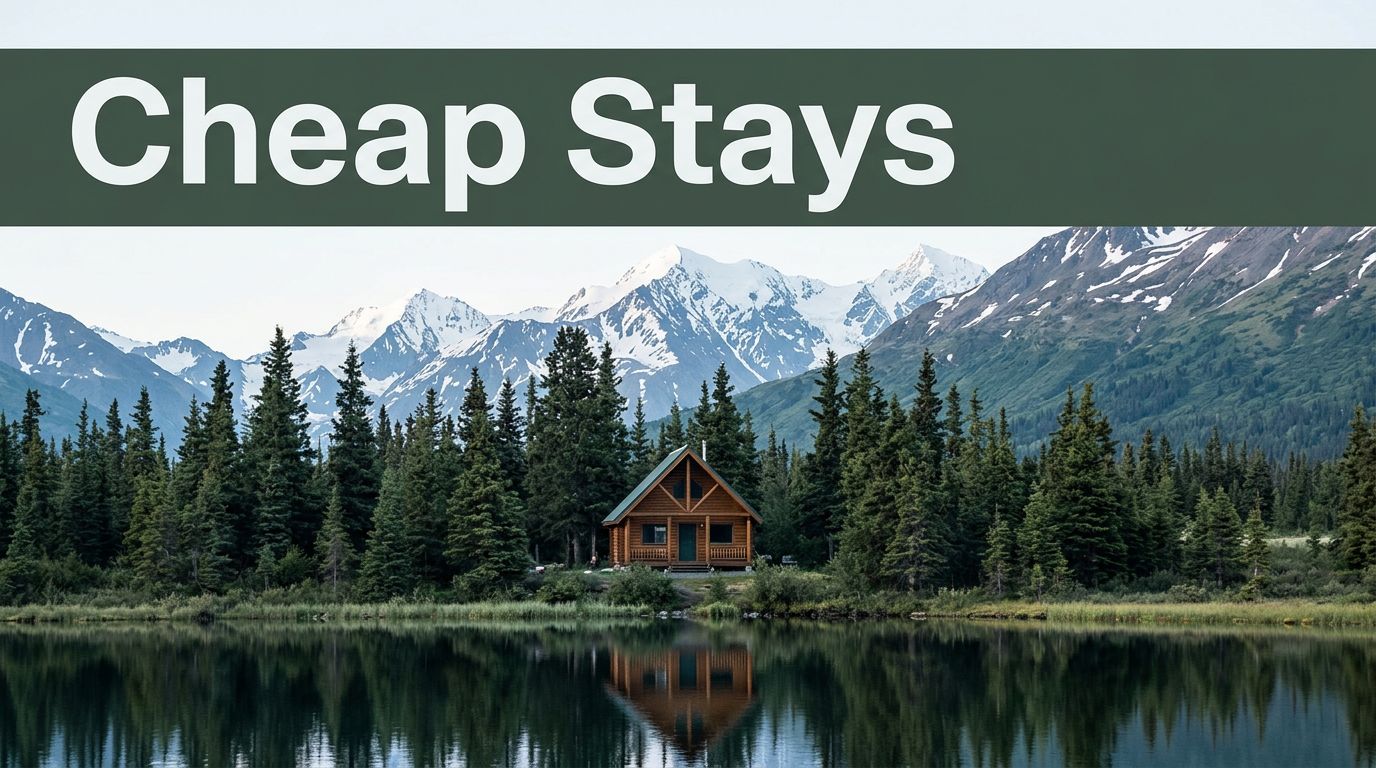 A roadside cabin beside an Alaskan lake, evergreen trees, snowy mountains, and a green “Cheap Stays” banner.