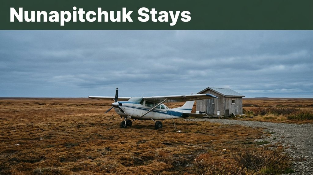 A bush plane beside a cabin on flat Alaska tundra beneath a slate-blue sky.