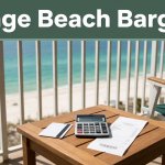 Hotel balcony overlooking the Gulf with a room key, calculator, and receipt on a table.