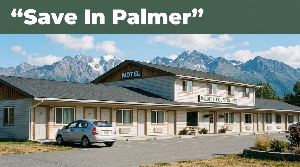 A roadside motel, rental car, mountains, and a green Save In Palmer banner.