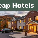A lit roadside hotel with a car and suitcase beneath autumn hills.