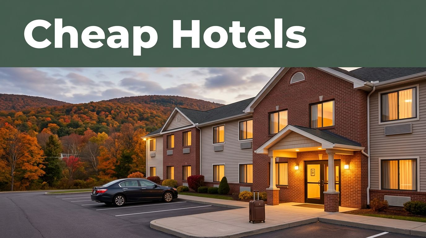 A lit roadside hotel with a car and suitcase beneath autumn hills.