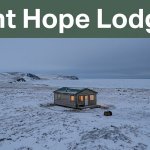 A warm-lit cabin stands in snowy Point Hope tundra beside a travel bag.