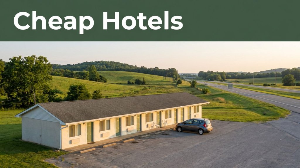 A quiet roadside motel with a parked car, green hills, and a Cheap Hotels banner.