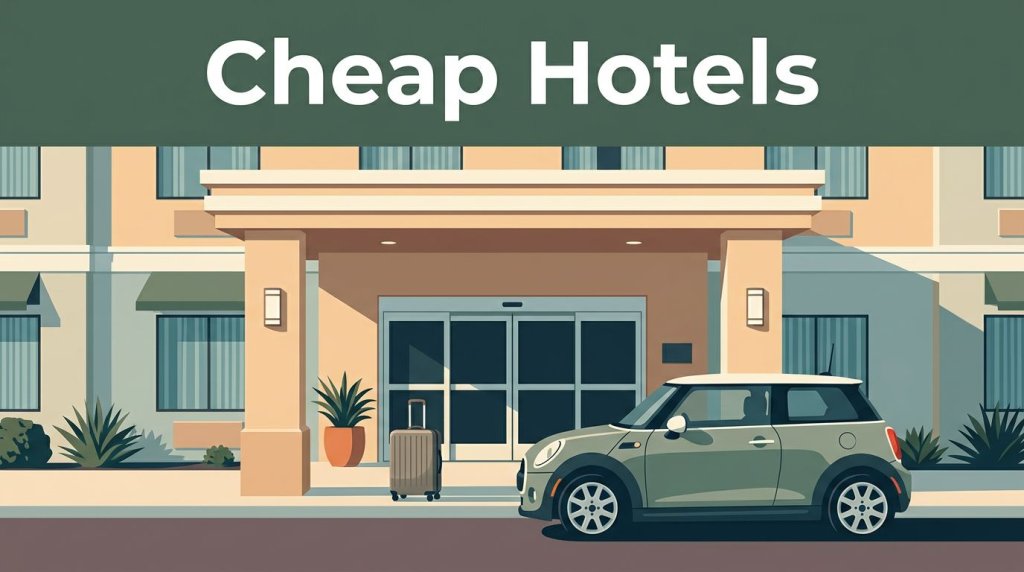 A budget hotel entrance with a parked car and suitcase in warm morning light.