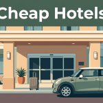 A budget hotel entrance with a parked car and suitcase in warm morning light.