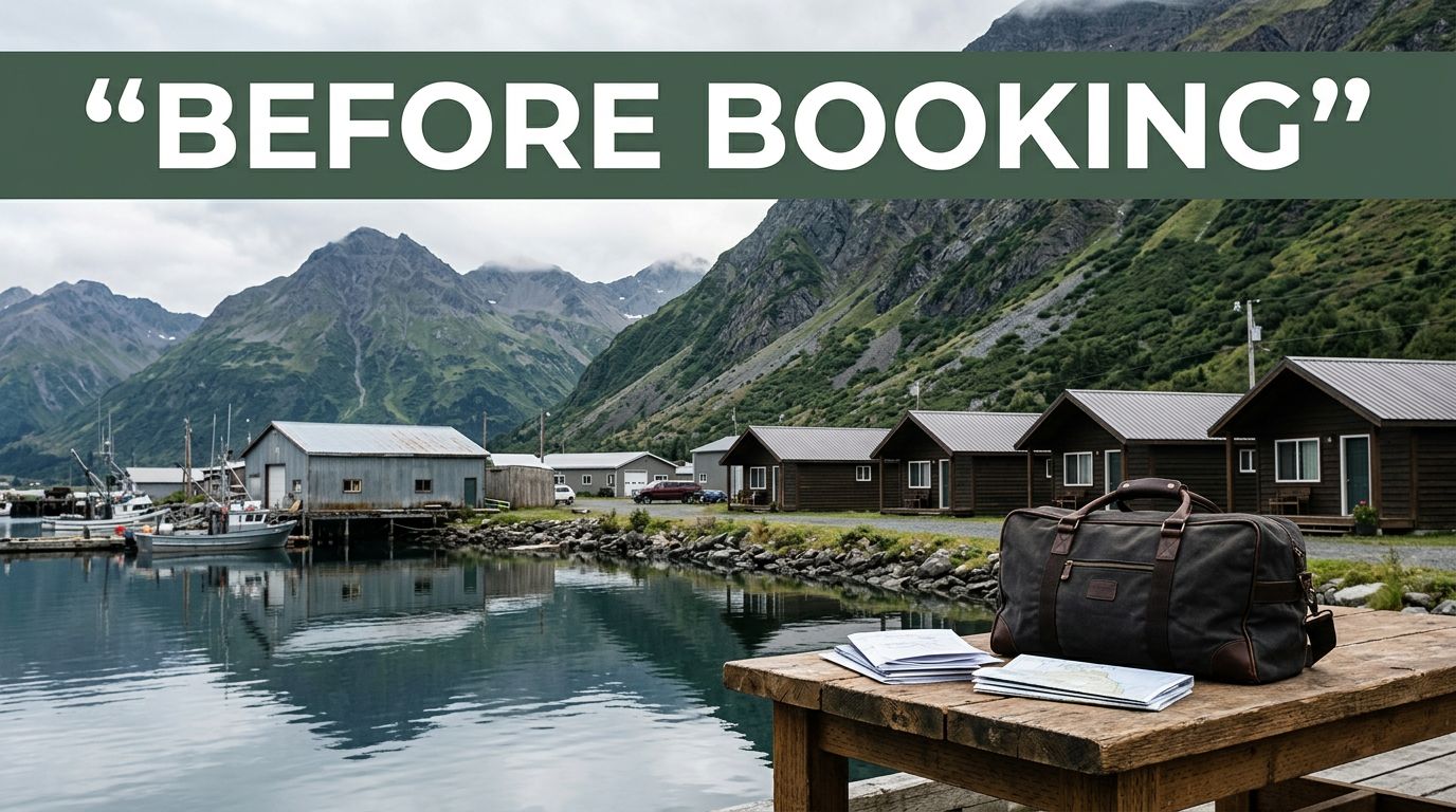A Sand Point motel and harbor sit below Aleutian mountains, with a travel bag and booking papers in front.