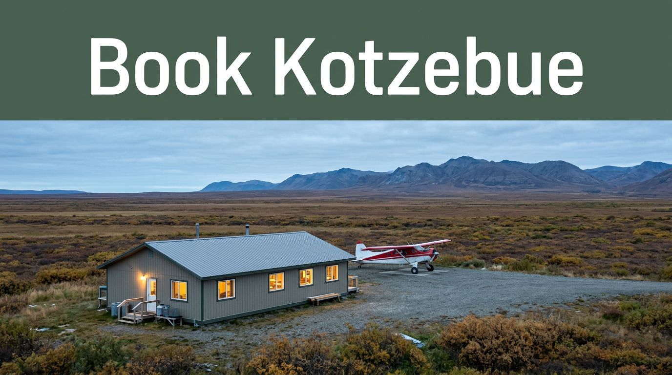 A warm-lit lodge and bush plane sit beneath an overcast Alaskan sky.